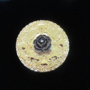 Gold tone repousse purse mirror with bronze flower & rhinestone-vintage elegance